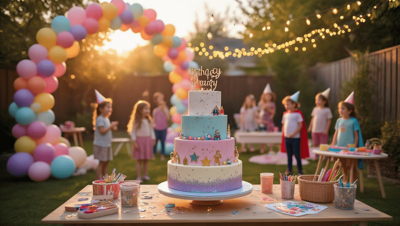 A vibrant backyard birthday party scene at golden hour, featuring colorful balloon arches, twinkling fairy lights, and children playing joyfully, with a tiered birthday cake on a dessert table and craft stations filled with supplies.