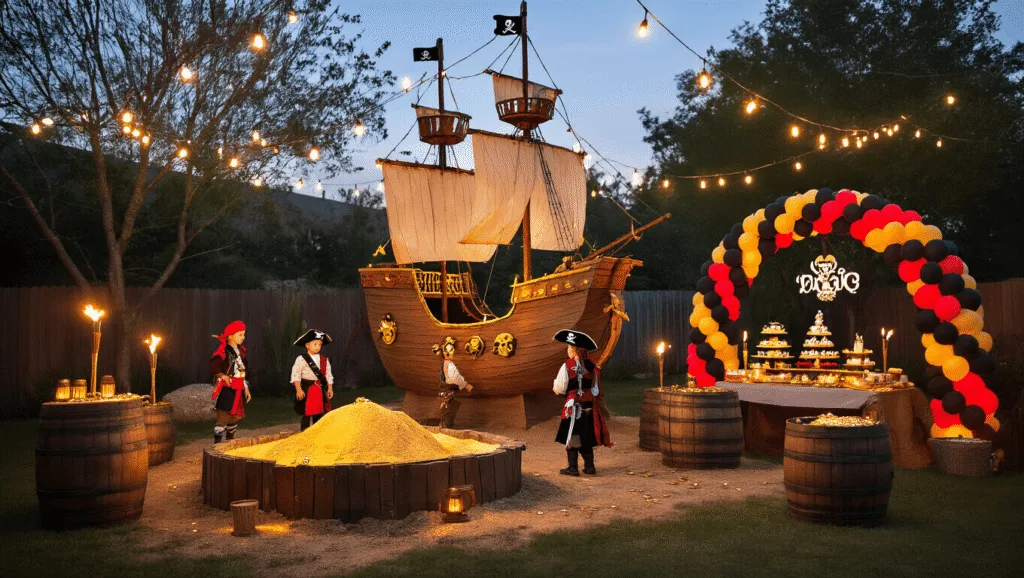 Cinematic wide-angle shot of a magical pirate-themed backyard party at dusk, featuring a large cardboard pirate ship centerpiece, children in pirate costumes, a treasure dig sandbox, rustic barrel tables, a dramatic balloon arch, and various themed decorations.
