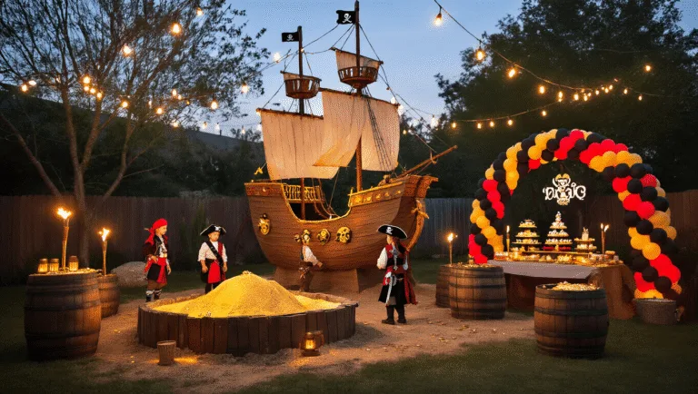 Cinematic wide-angle shot of a magical pirate-themed backyard party at dusk, featuring a large cardboard pirate ship centerpiece, children in pirate costumes, a treasure dig sandbox, rustic barrel tables, a dramatic balloon arch, and various themed decorations.