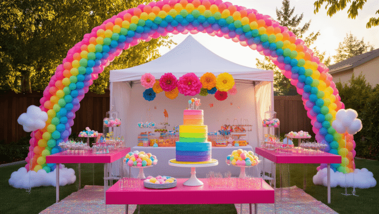 A vibrant backyard birthday party scene with a rainbow balloon arch, white tent adorned with colorful tissue flowers, hot pink tables with glittery decor, a three-tiered rainbow cake, and craft stations, all illuminated by golden hour sunlight and twinkling string lights.