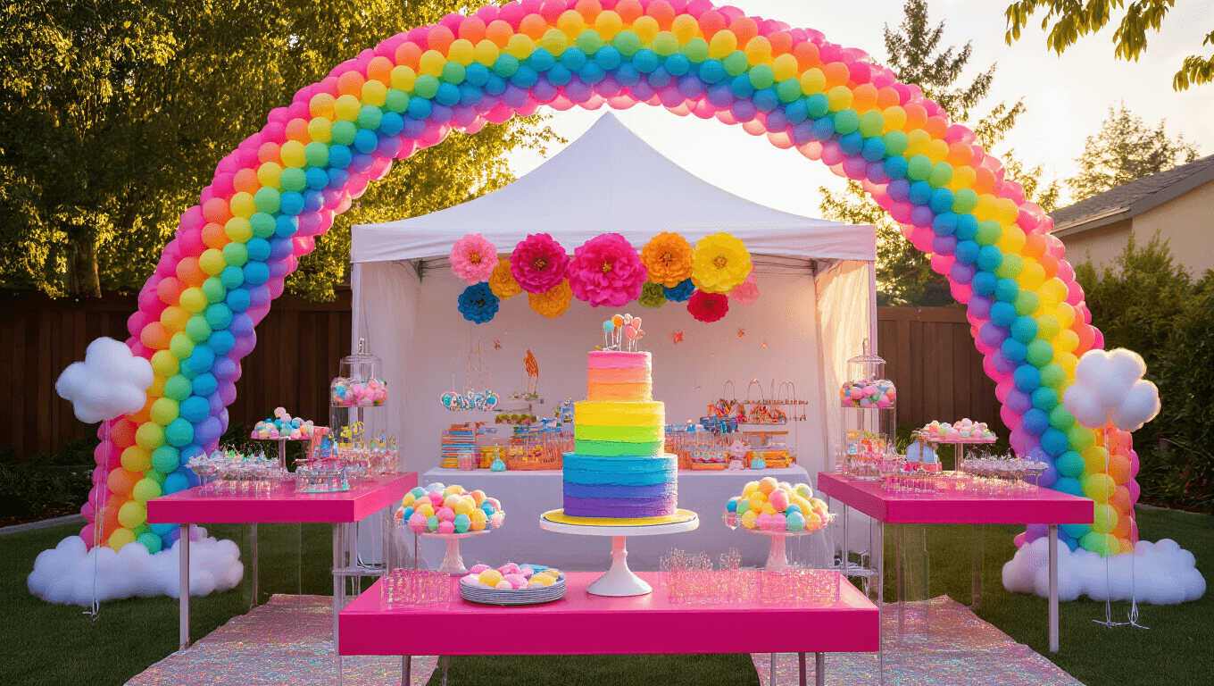 A vibrant backyard birthday party scene with a rainbow balloon arch, white tent adorned with colorful tissue flowers, hot pink tables with glittery decor, a three-tiered rainbow cake, and craft stations, all illuminated by golden hour sunlight and twinkling string lights.