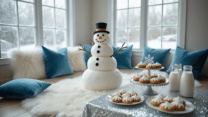 A Magical Snowman Birthday Party: Your Ultimate Guide to Winter Wonderland Celebration A cozy living room decorated for a snowman-themed birthday party, featuring a luxurious white faux fur rug, oversized icy blue velvet pillows, and a professional dessert display with a 3-tiered cake, snowflake cookies, and hot chocolate milk bottles, all accented by twinkling fairy lights and handcrafted snowflakes.