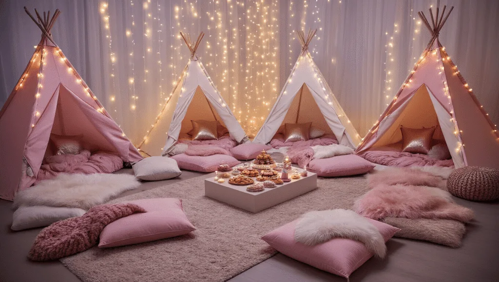 An enchanting sleepover party setup in a cozy living room featuring teepee tents, fairy lights, plush cushions, and a central snack table, illuminated by soft golden hour light, creating a magical atmosphere.