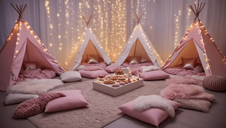 An enchanting sleepover party setup in a cozy living room featuring teepee tents, fairy lights, plush cushions, and a central snack table, illuminated by soft golden hour light, creating a magical atmosphere.