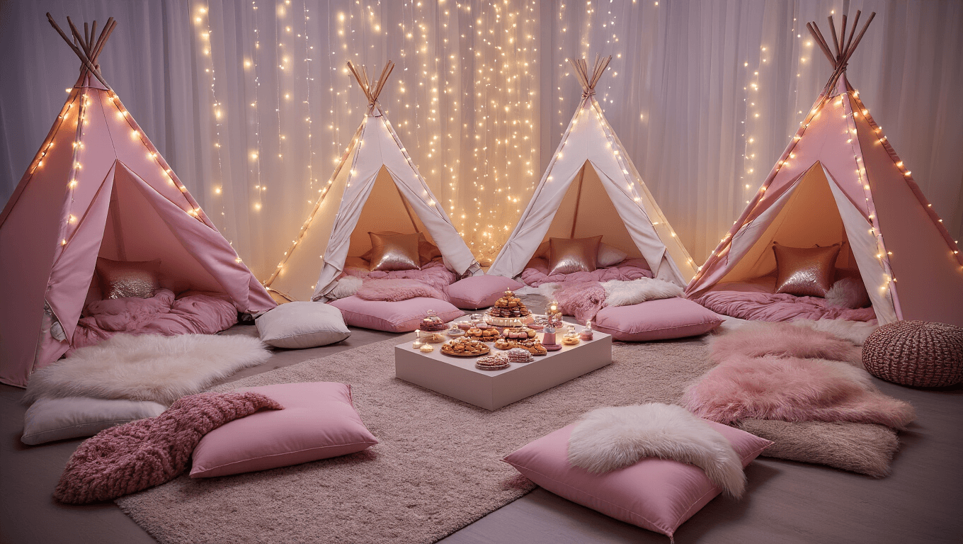 An enchanting sleepover party setup in a cozy living room featuring teepee tents, fairy lights, plush cushions, and a central snack table, illuminated by soft golden hour light, creating a magical atmosphere.