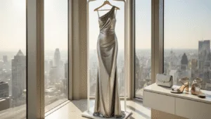 A silver metallic sheath dress elegantly displayed in a sunlit luxury penthouse, accented by pearl accessories and a marble vanity.