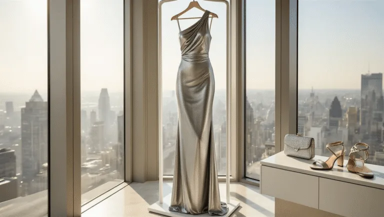 A silver metallic sheath dress elegantly displayed in a sunlit luxury penthouse, accented by pearl accessories and a marble vanity.