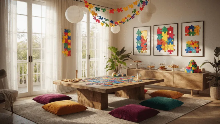 A vibrant puzzle-themed party in a naturally lit living room, featuring a large rustic table with an in-progress puzzle, children engaged in playful concentration, jewel-toned cushions, decorative lanterns, and a geometric puzzle cake, all enhanced by soft afternoon sunlight and ambient fairy lights.