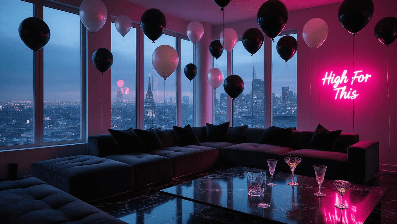 A moody urban loft at twilight filled with matte black and pearlescent white balloons, featuring floor-to-ceiling windows showcasing a cityscape, a charcoal velvet sectional, crystal champagne coupes, and a pink neon sign reading "High for This," all under atmospheric lighting and shadows.