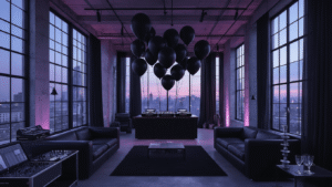 Hyperrealistic image of a moody urban loft at twilight featuring floor-to-ceiling windows, matte black balloons, minimalist black and white décor with neon accents, a vintage DJ booth, low leather couches, a photography exhibition, sheer black curtains, and warm industrial lighting, showcasing vivid contrasts in texture and dramatic shadows.