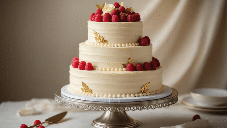 Elegant three-tiered wedding cake with Nutella and vanilla marble swirls, adorned with ivory buttercream, gold leaf, and fresh raspberries, displayed on a silver stand in a softly blurred luxury venue setting.