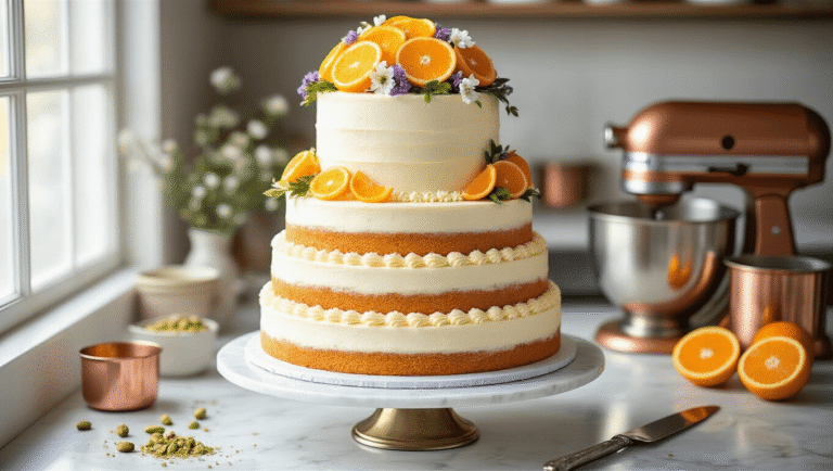 Elegant three-tiered wedding cake on a marble countertop, decorated with white buttercream, fresh orange slices, and edible flowers, surrounded by kitchen elements and fresh oranges, captured in soft natural lighting with a soft bokeh effect.