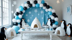 A whimsical living room transformed into an Antarctic wonderland for a penguin-themed winter birthday party, featuring an igloo cake, DIY milk carton igloos, black and white balloon arch, and penguin cutouts, illuminated by soft natural daylight and decorated with snowflakes and fairy lights.