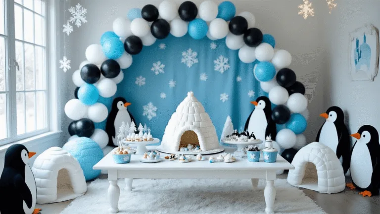 A whimsical living room transformed into an Antarctic wonderland for a penguin-themed winter birthday party, featuring an igloo cake, DIY milk carton igloos, black and white balloon arch, and penguin cutouts, illuminated by soft natural daylight and decorated with snowflakes and fairy lights.