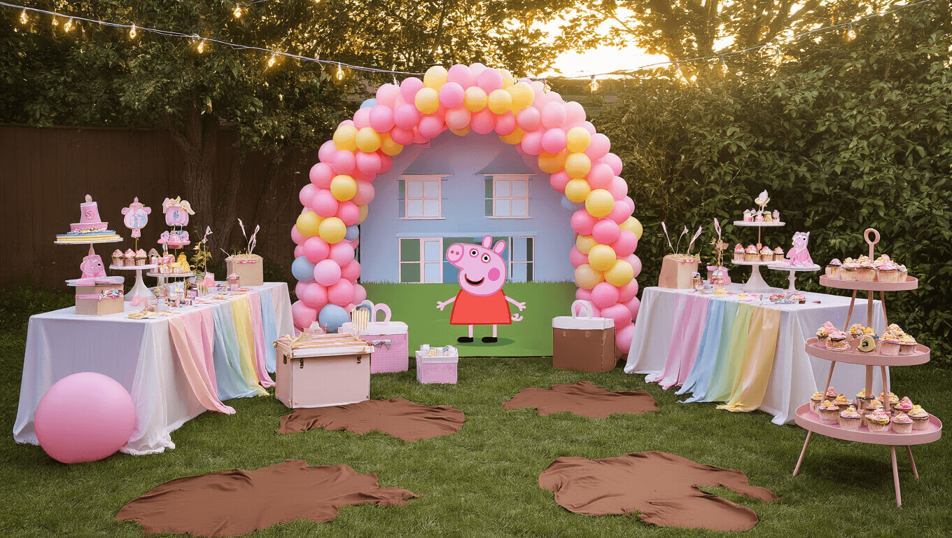 Hyperrealistic backyard Peppa Pig party setup featuring a pink and rainbow balloon arch, pastel-draped tables, a life-sized Peppa's house façade, brown "muddy puddles," a dessert cart with themed cupcakes and cookies, fairy light bokeh, rustic gingham tablecloths, and mason jar wildflower centerpieces, all captured in warm golden hour lighting.