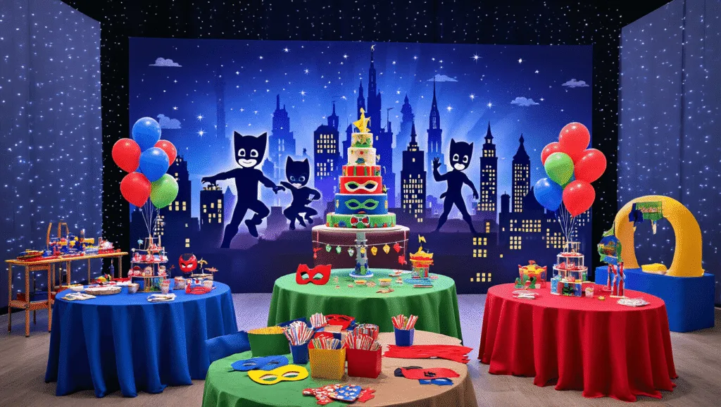 Vibrant indoor PJ Masks birthday party setup with a cityscape backdrop, round tables in blue, red, and green, a grand dessert table featuring a superhero cake, and interactive craft and training stations, all illuminated by soft lighting and decorative string lights, captured in high detail.