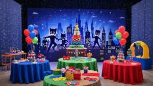 Vibrant indoor PJ Masks birthday party setup with a cityscape backdrop, round tables in blue, red, and green, a grand dessert table featuring a superhero cake, and interactive craft and training stations, all illuminated by soft lighting and decorative string lights, captured in high detail.