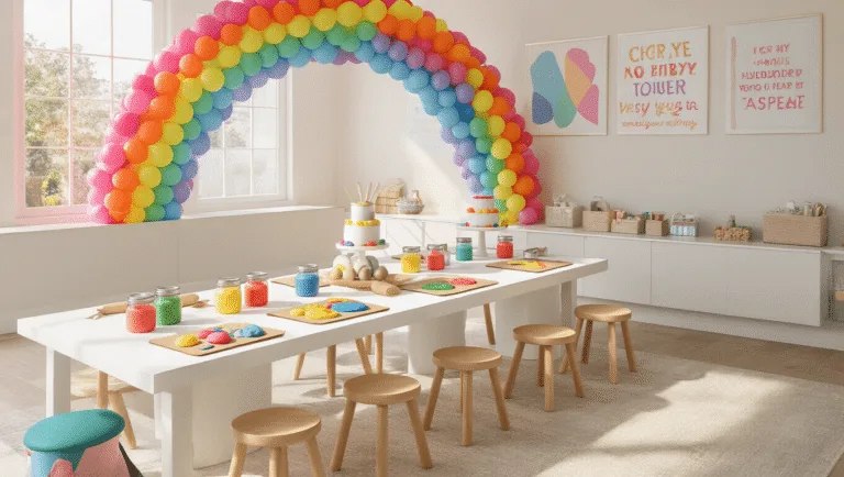Photorealistic interior of a sunlit playroom with a long white table set up for playdough activities, featuring a rainbow balloon arch, wooden stools, vibrant playdough in mason jars, and a tiered birthday cake with whimsical decorations, all bathed in warm afternoon light.