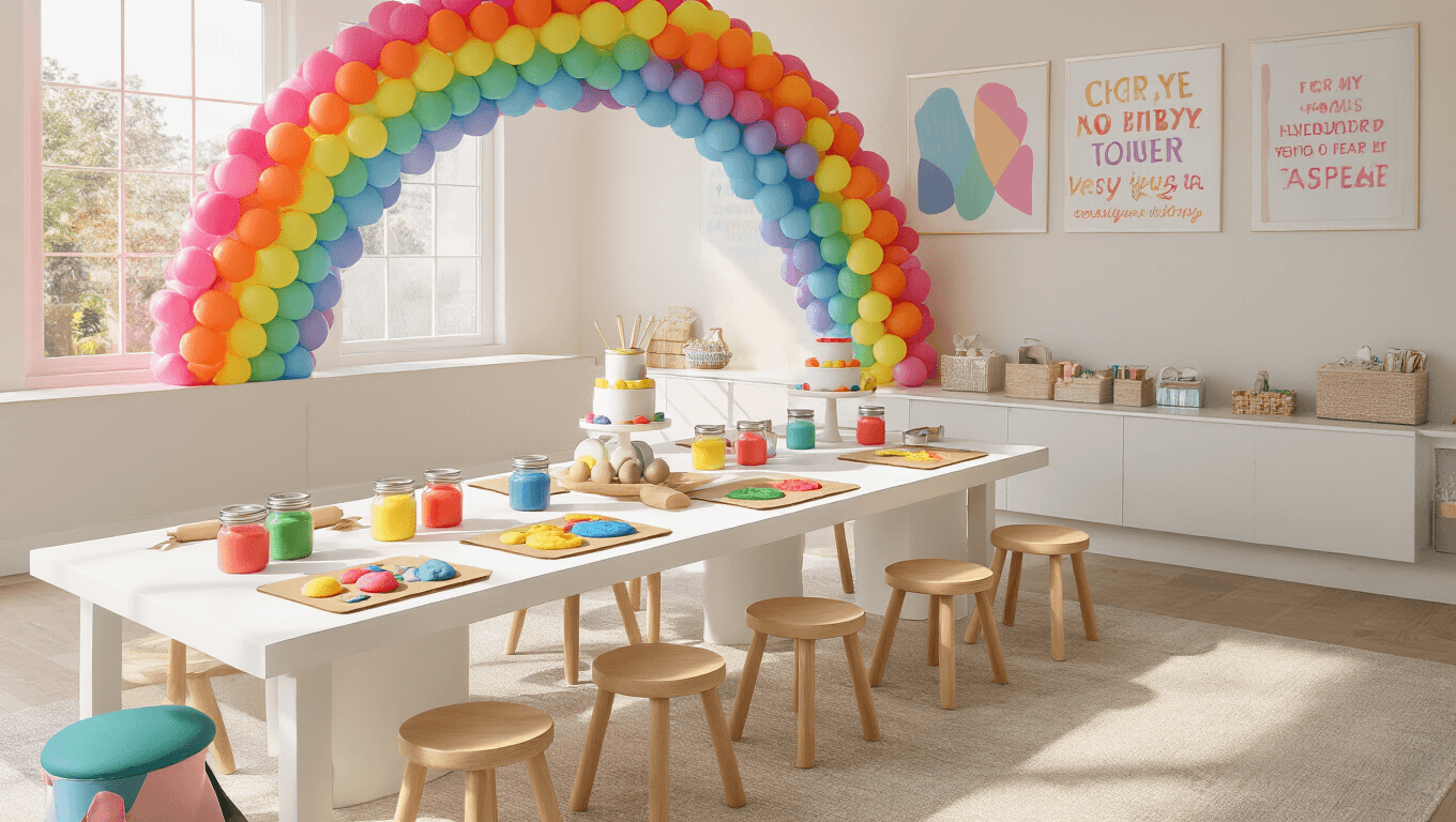 Photorealistic interior of a sunlit playroom with a long white table set up for playdough activities, featuring a rainbow balloon arch, wooden stools, vibrant playdough in mason jars, and a tiered birthday cake with whimsical decorations, all bathed in warm afternoon light.