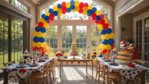 A vibrant indoor-outdoor Pokemon party setup with a grand balloon arch, Pokeball-patterned tables, terrarium centerpieces, a dessert station featuring a tiered Pokemon cake, and colorful game and photo booth areas, all illuminated by fairy lights and natural sunlight.