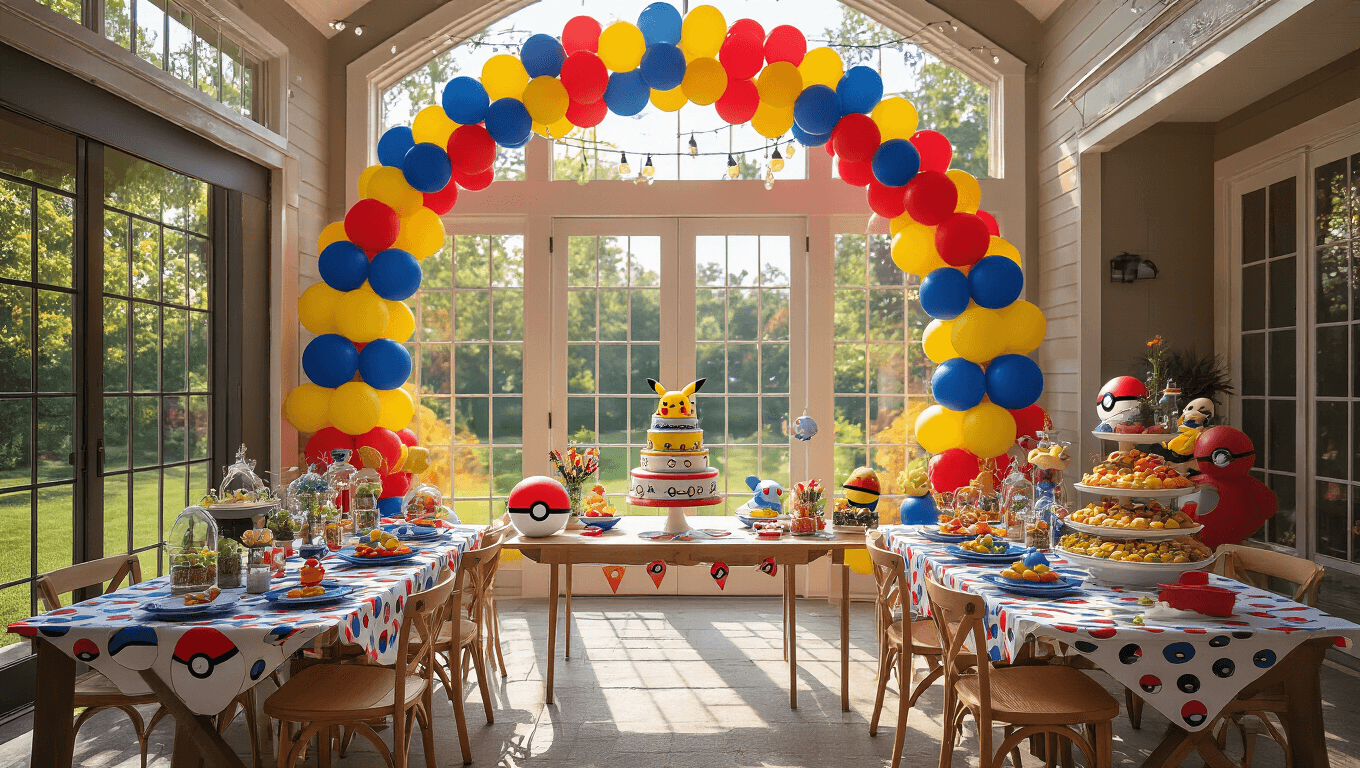 A vibrant indoor-outdoor Pokemon party setup with a grand balloon arch, Pokeball-patterned tables, terrarium centerpieces, a dessert station featuring a tiered Pokemon cake, and colorful game and photo booth areas, all illuminated by fairy lights and natural sunlight.