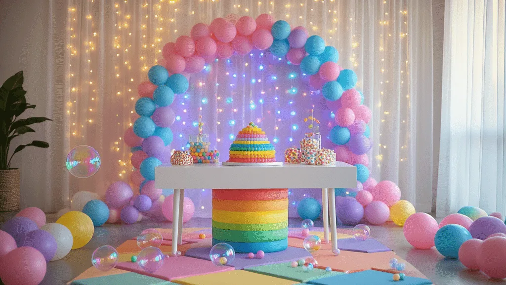 A vibrant indoor-outdoor birthday party setup featuring a modern white table with a rainbow gradient Pop It cake, surrounded by colorful silicone toys, an LED bubble wall backdrop, and iridescent balloon arch, all bathed in golden hour lighting.