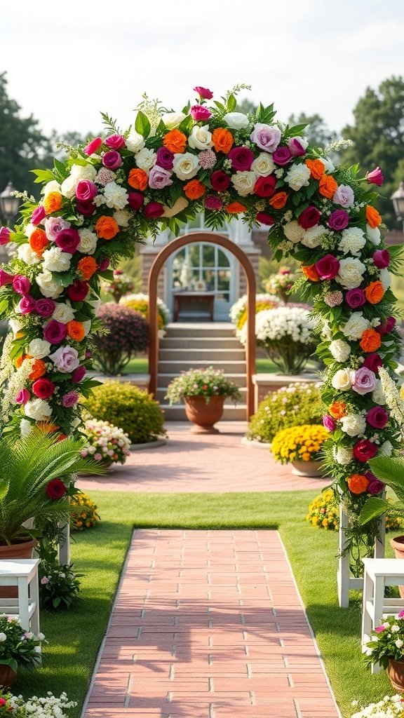A floral archway decorated with colorful flowers leading to a wedding ceremony path.