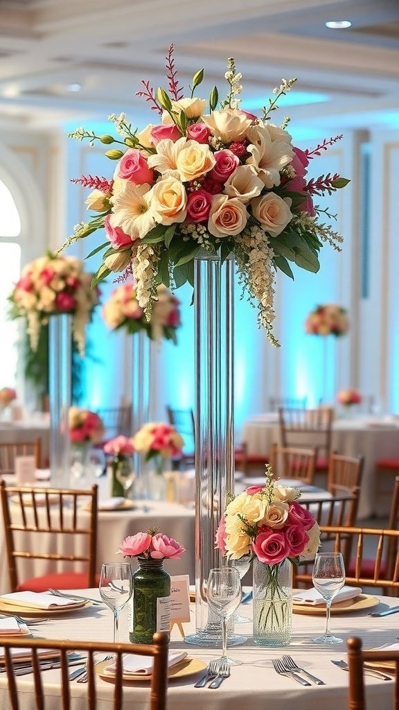 Elegant wedding table centerpieces with tall floral arrangements and smaller bouquets.