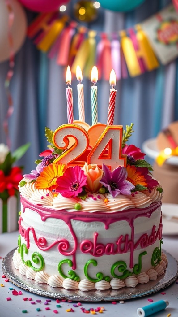 A beautifully decorated 24th birthday cake with colorful flowers and candles.