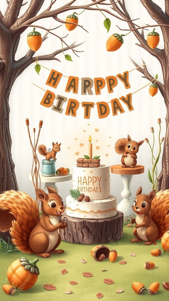 A whimsical squirrel birthday party scene with a cake and decorations.