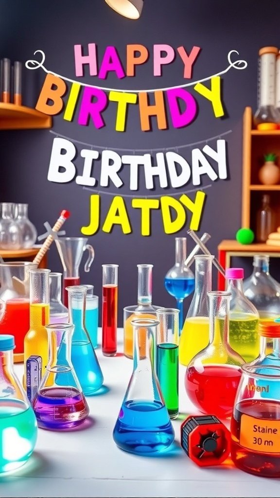 Colorful science birthday party setup with beakers and a birthday banner