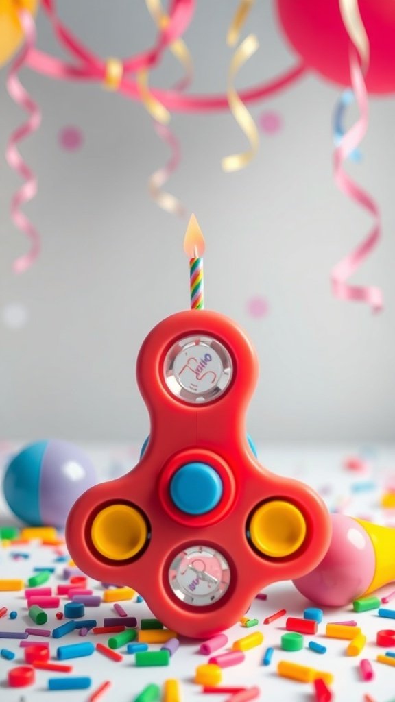 A colorful Pop It birthday cake with a candle, surrounded by confetti and balloons.