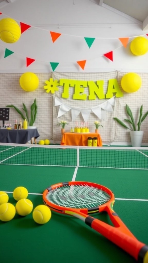 Colorful tennis birthday party setup with tennis balls and decorations