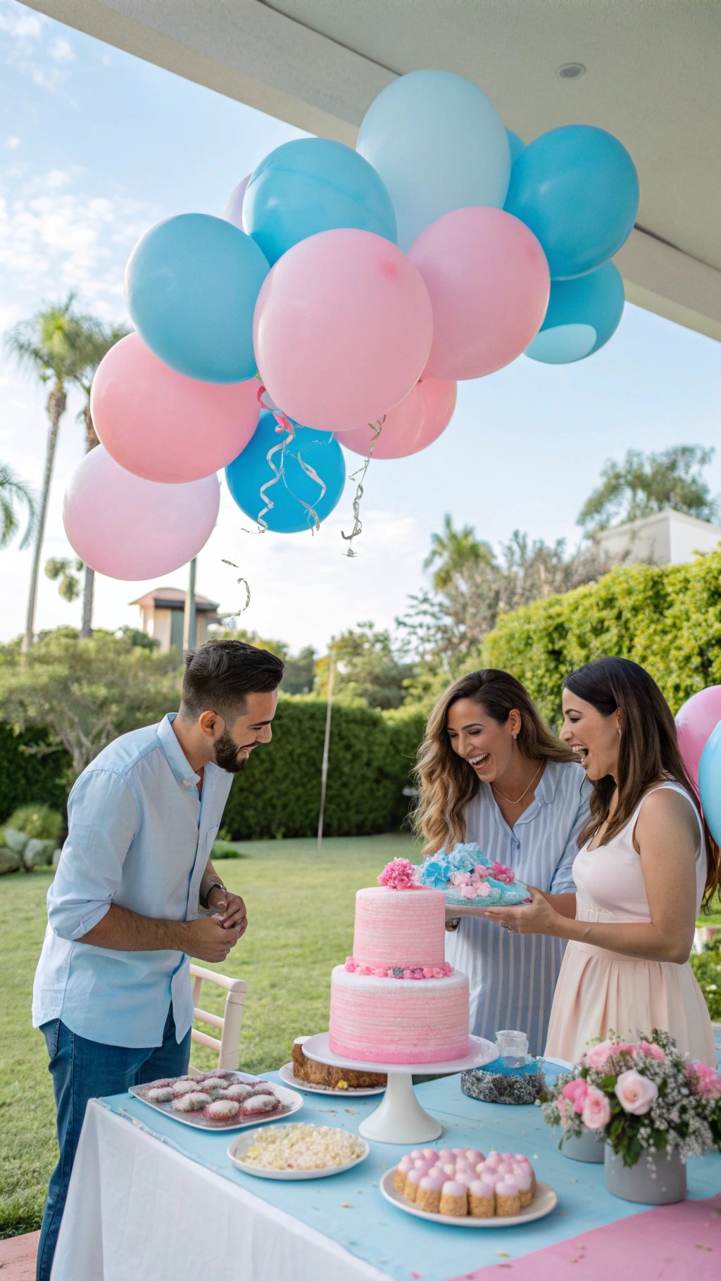 A joyful gender reveal party with pink and blue balloons, a beautiful cake, and smiling friends. Creative Gender Reveal