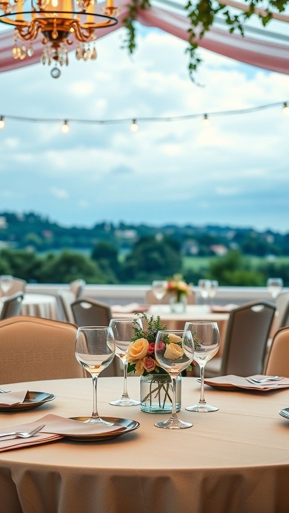 Elegant wedding table setup with glassware and floral arrangements