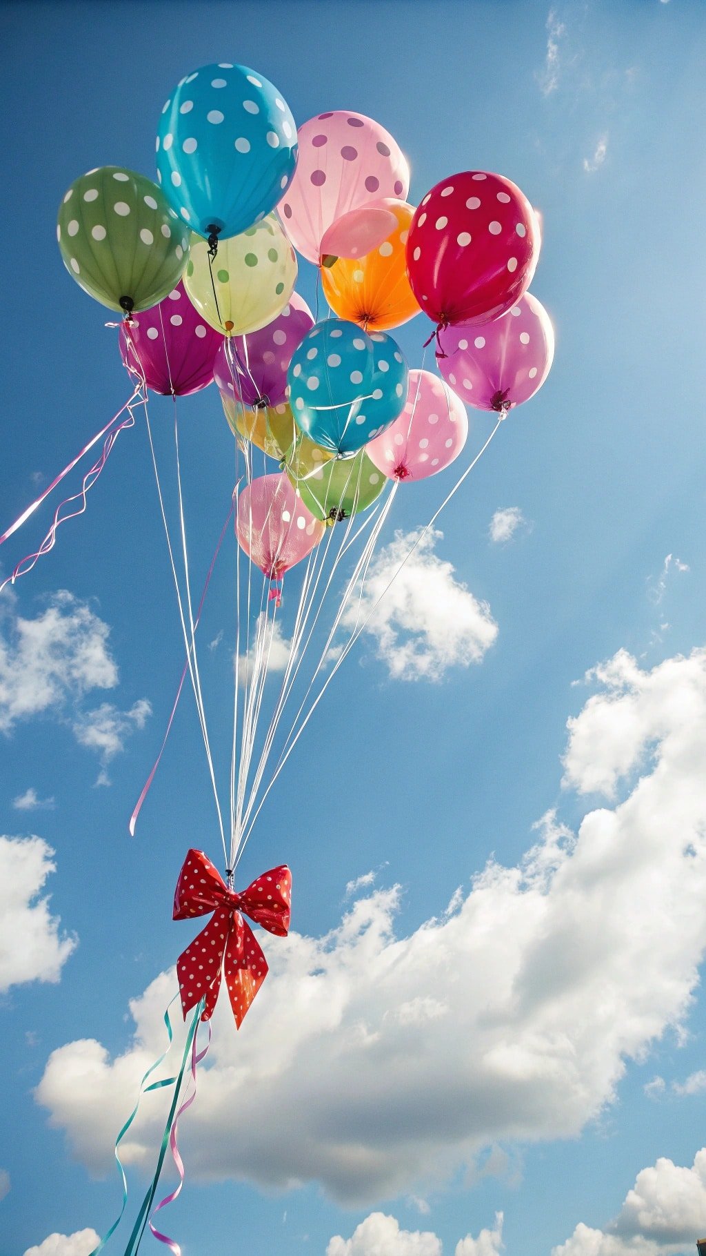 Colorful balloons with polka dots and a red bow against a blue sky