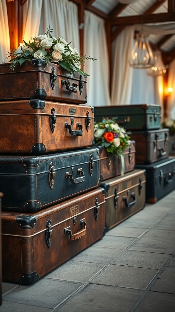 A stack of vintage suitcases decorated with flowers, set in a warm, inviting wedding venue.