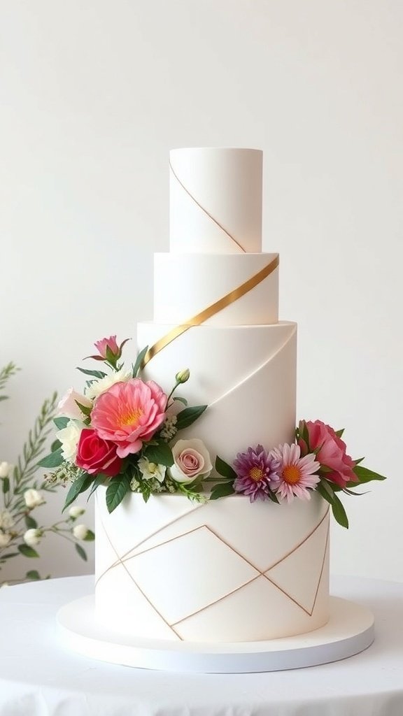 A modern wedding cake with a sleek white design, gold accents, and colorful flowers.