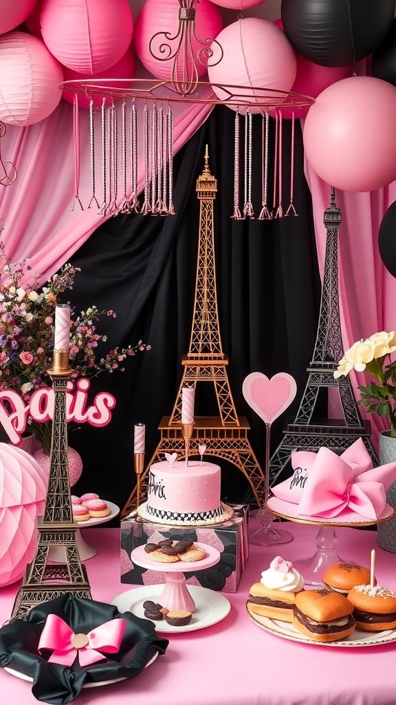 A beautifully decorated Paris-themed birthday party with pink and black colors, featuring Eiffel Tower centerpieces and a delicious cake.