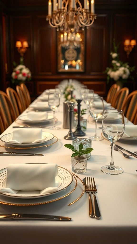 Elegant wedding table setting with white tablecloth, gold-rimmed plates, and greenery in small vases.
