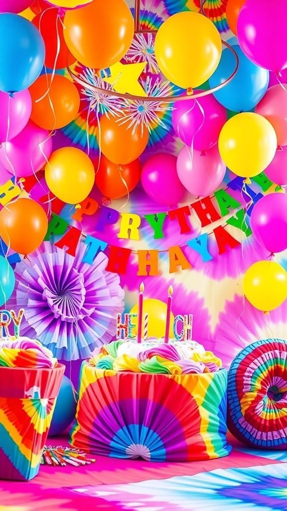 Colorful tie dye birthday party decorations with balloons and a cake. unique birthday party ideas