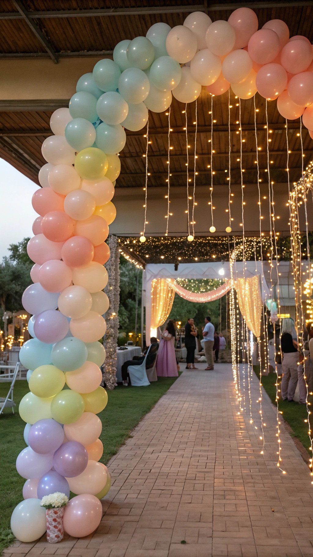 Colorful balloon installation with golden letters spelling 'A V Y YES'