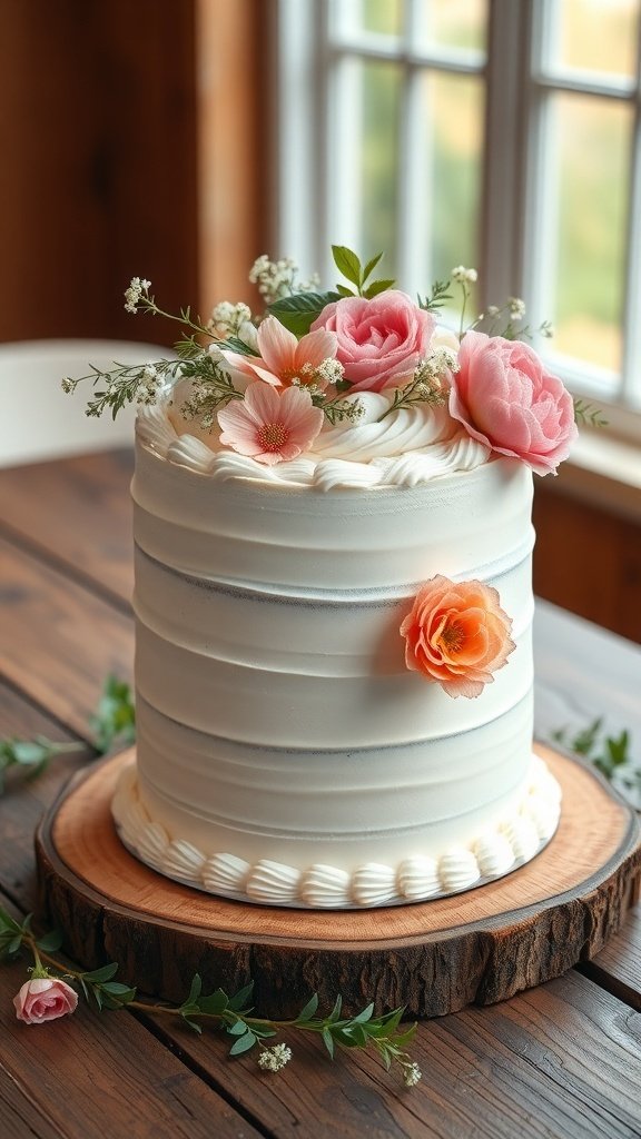 A simple wedding cake decorated with pink roses and white flowers on a wooden table.