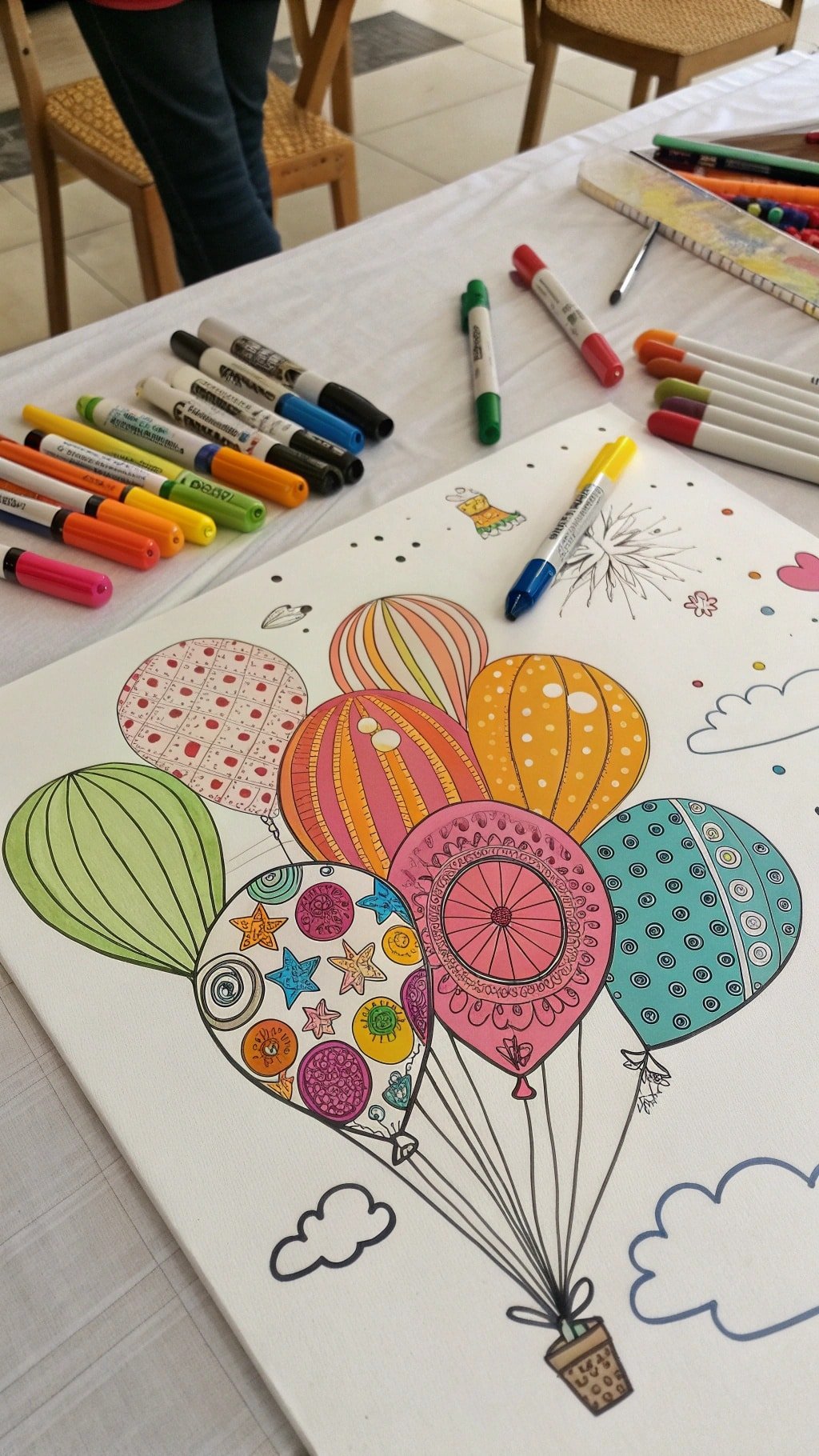 A colorful drawing of balloons with various patterns and designs, surrounded by clouds.