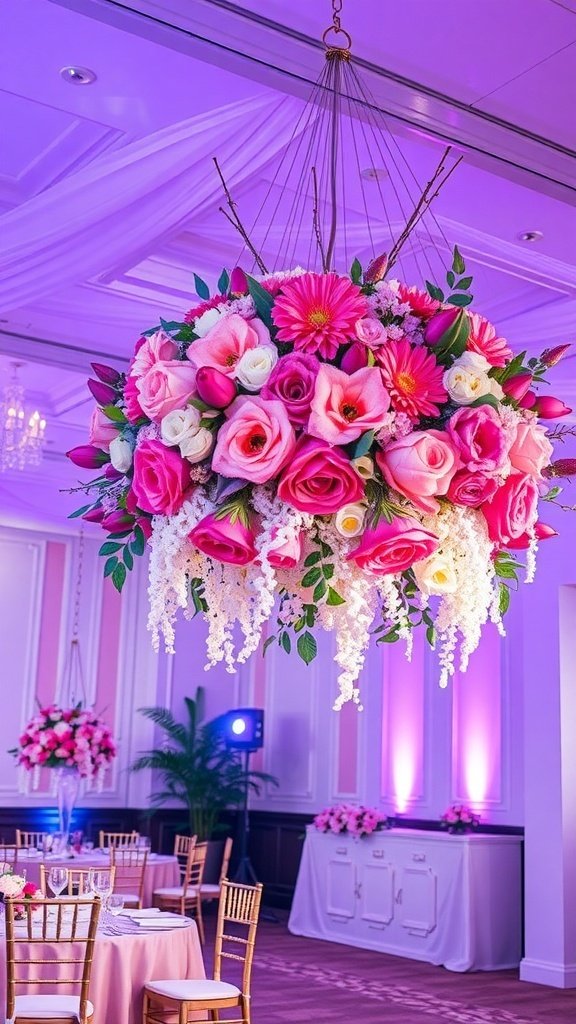 A stunning hanging floral installation featuring pink roses, gerberas, and cascading orchids in a wedding venue.