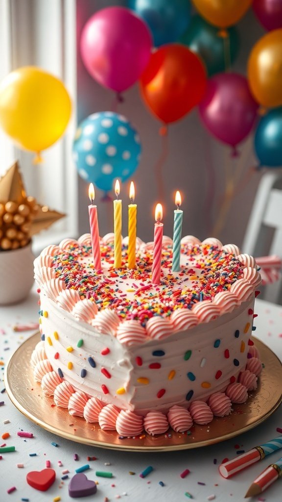 A colorful birthday cake with candles and sprinkles, surrounded by balloons.