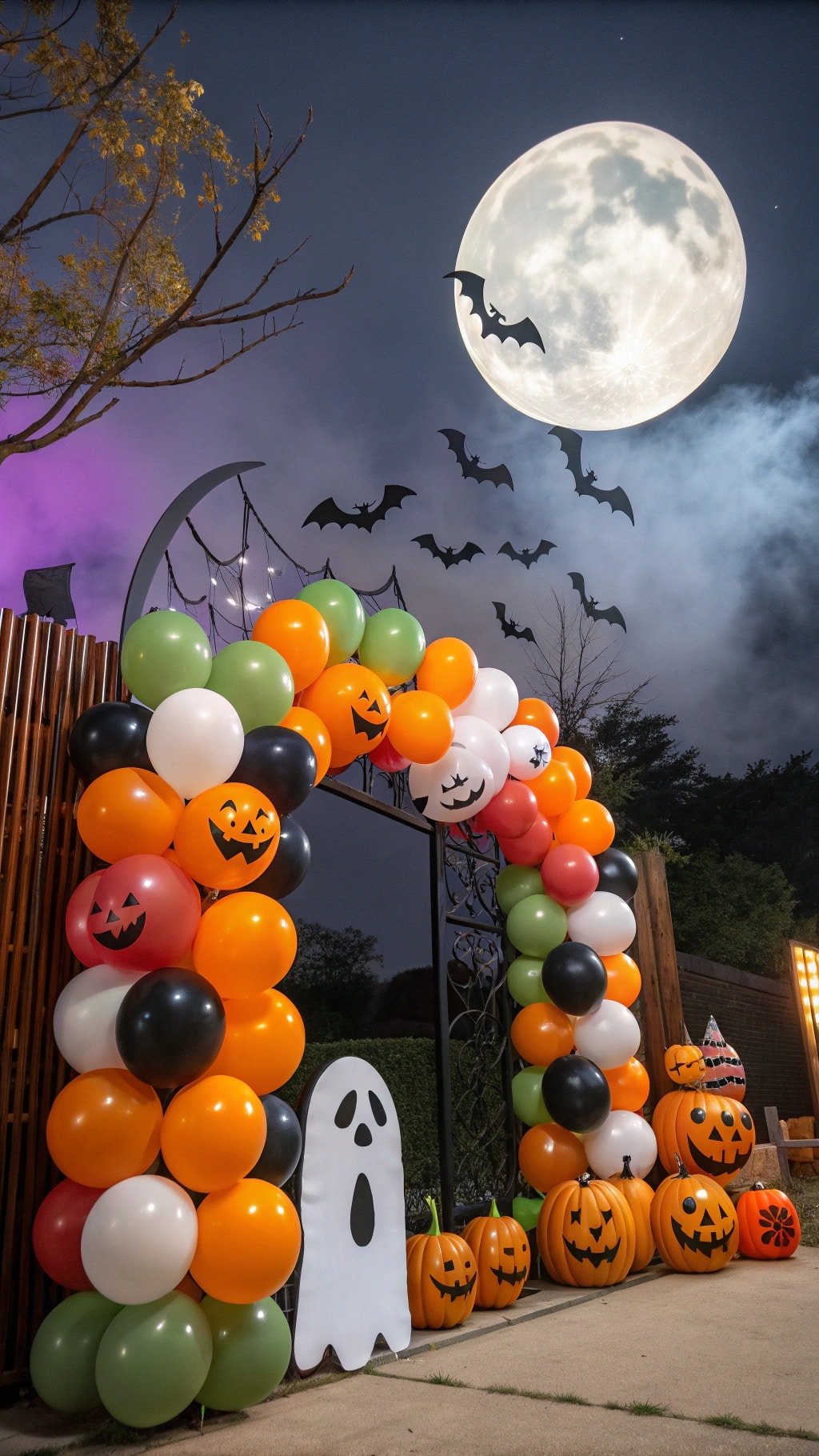Colorful Halloween balloon arch with pumpkins and ghost decorations