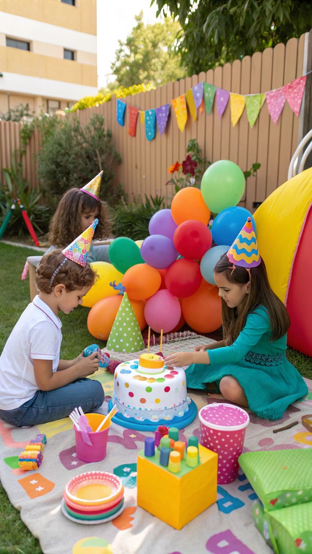 Children celebrating a birthday party with colorful balloons and a cake