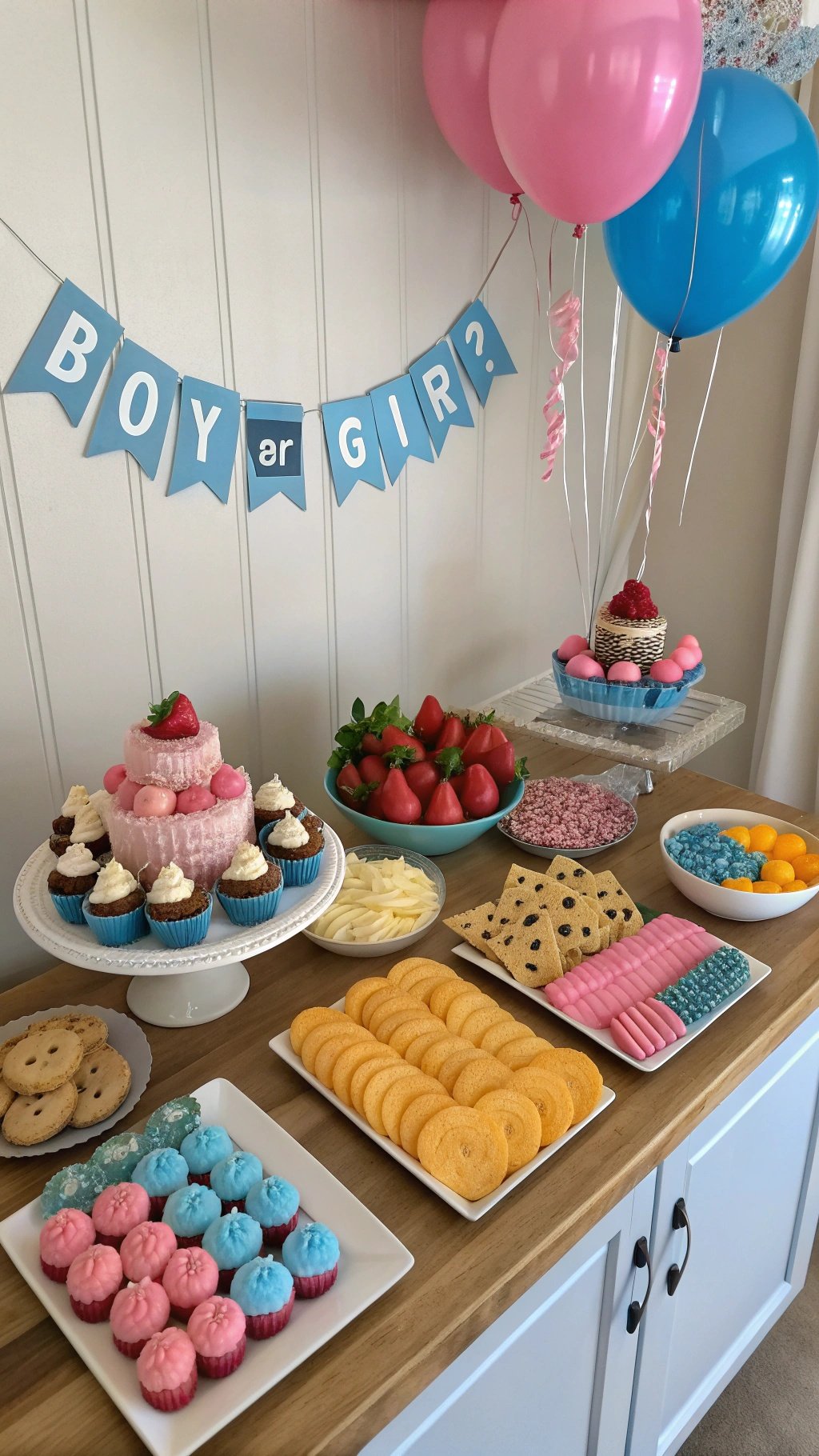 A colorful gender reveal snack table with pink and blue treats, including a cake, cupcakes, and candies.