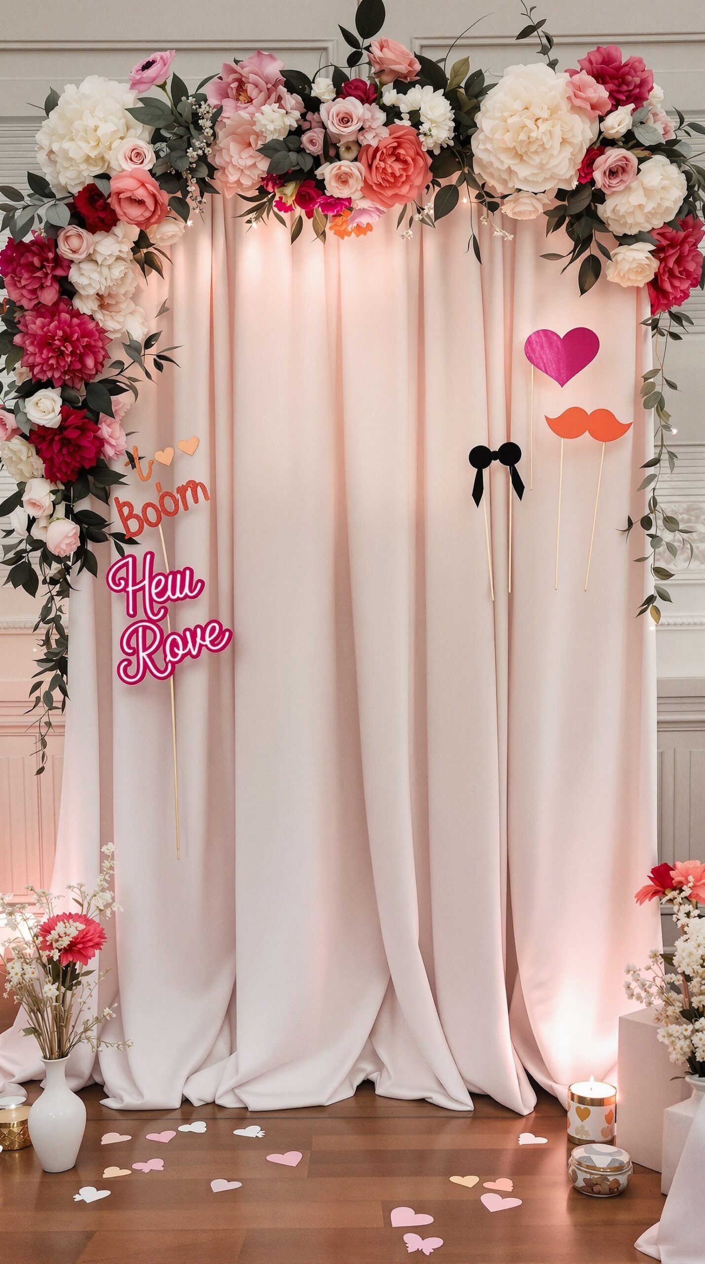 A photo booth backdrop with floral decorations and a playful sign, featuring three guests holding props.